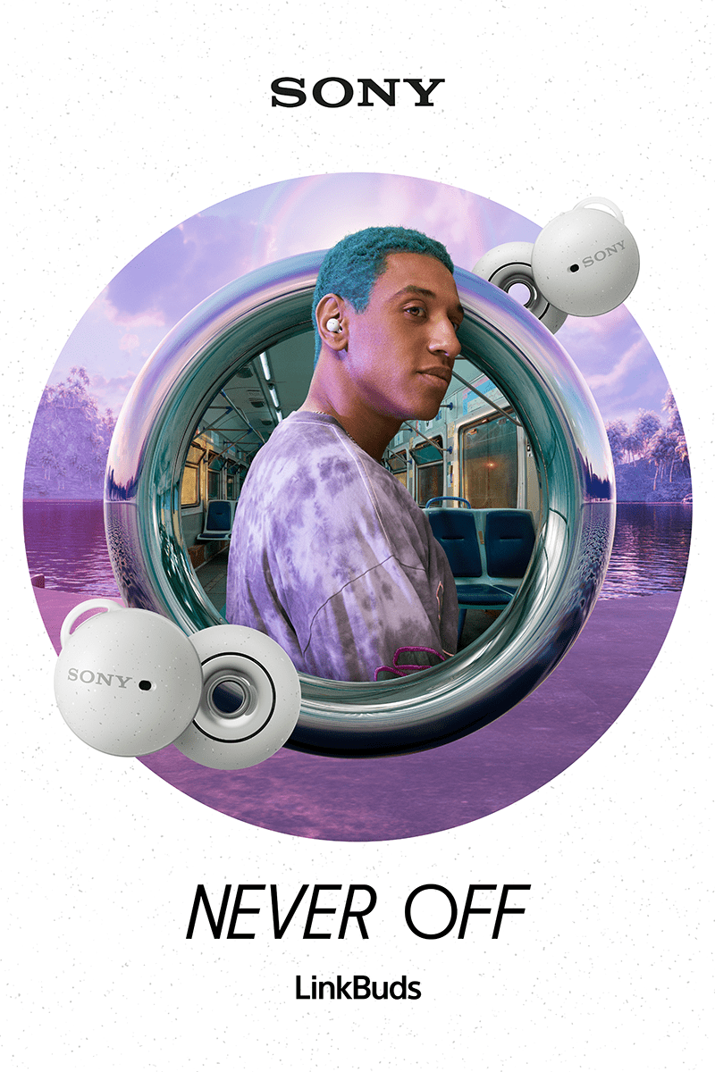 Artistic rendering of Gen Z boy wearing Sony’s LinkBuds headphones on city bus